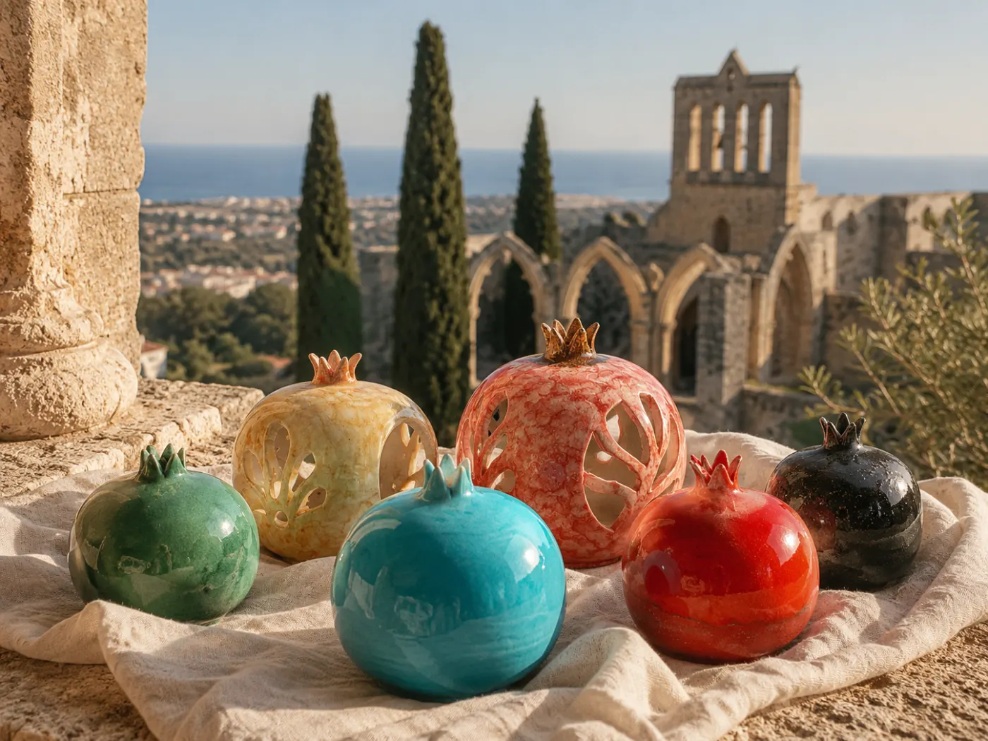 Colorful handmade Dizayn74 pomegranate ceramics arranged on linen with Bellapais Abbey and the Mediterranean sea in the background