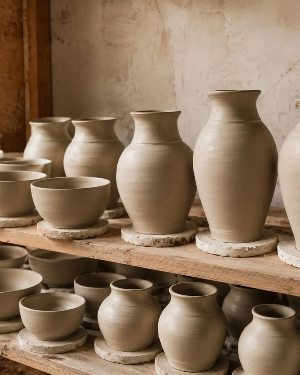 Freshly thrown ceramics drying on wooden shelves in the Dizayn74 studio
