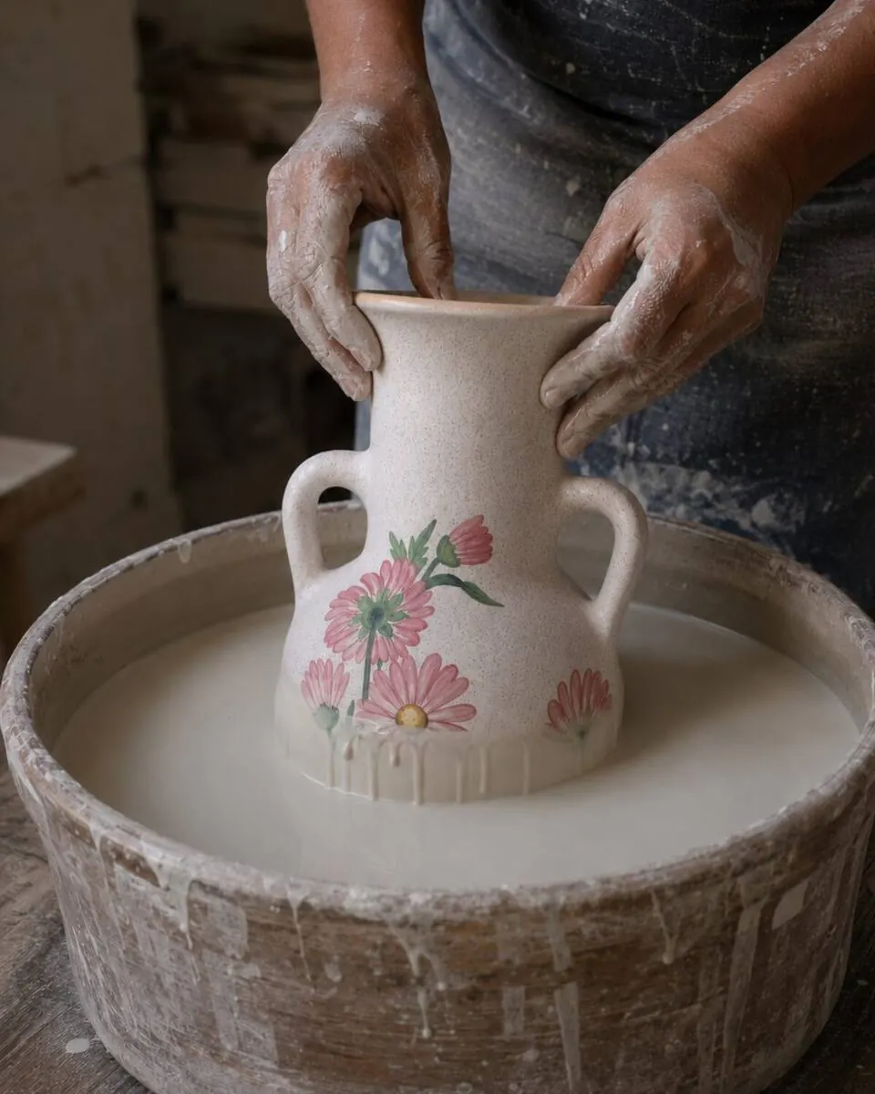 A ceramic vase being dipped into glaze in the Dizayn74 studio