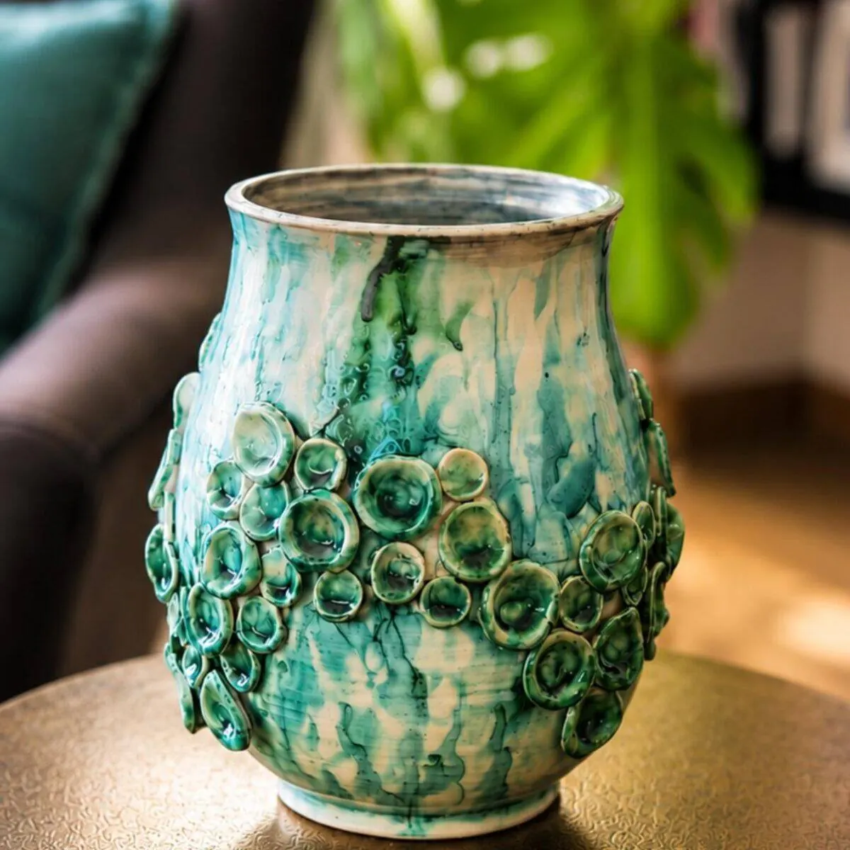 Teal handmade ceramic vase with sculptural bubble appliqué decoration by Dizayn74