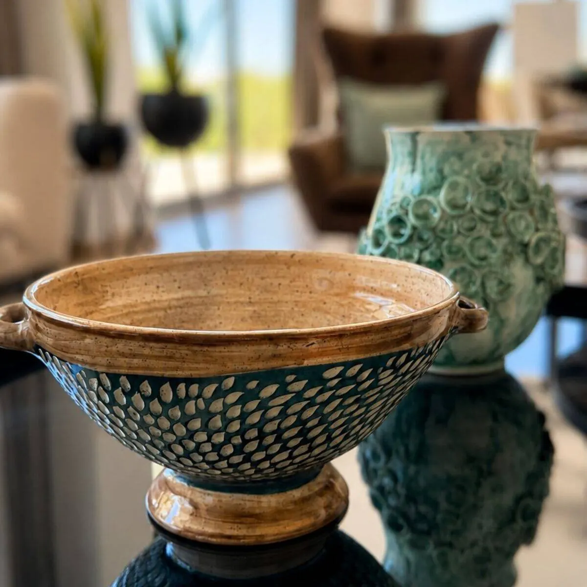 Handmade teal and cream textured ceramic serving bowl with handles by Dizayn74
