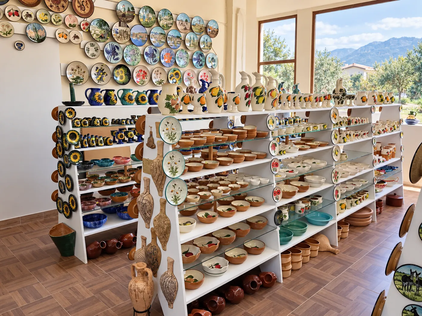 Wide showroom shot with shelves stacked floor to ceiling with handmade pottery in soft daylight